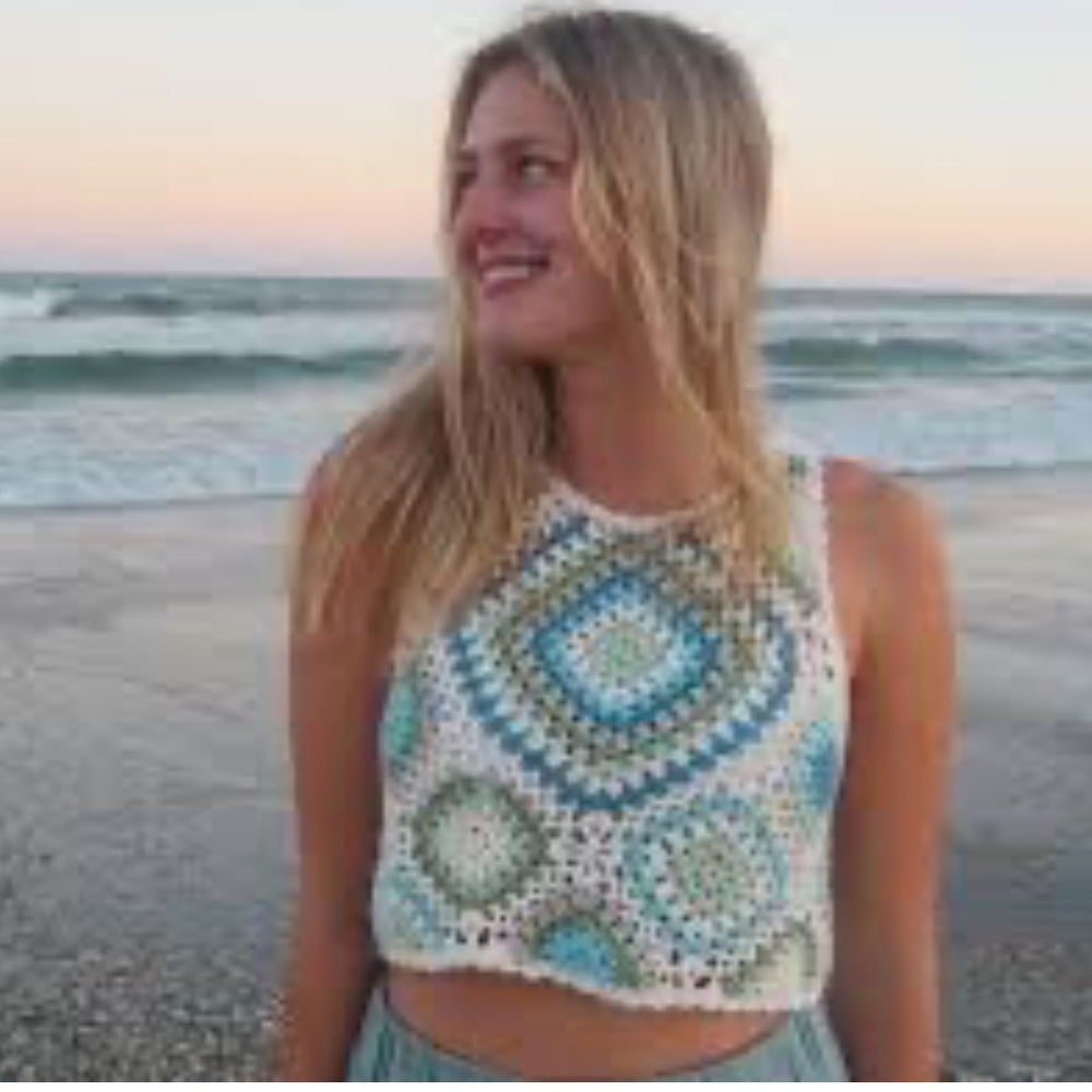Altar’d state blue green white knit boho crochet crop tank - Picture 9 of 9